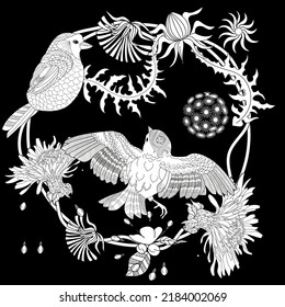 Art therapy coloring page. Coloring book antistress for children and adults. Birds and flowers hand drawn in vintage style . The art of linear engraving. 