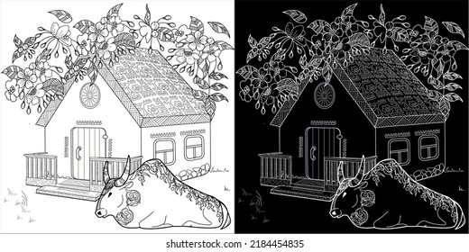 Art therapy coloring page. Coloring Book for children and adults. Colouring pictures with village house and bull. Cute background for wallpaper, gift paper, pattern fills, textile, greetings cards
