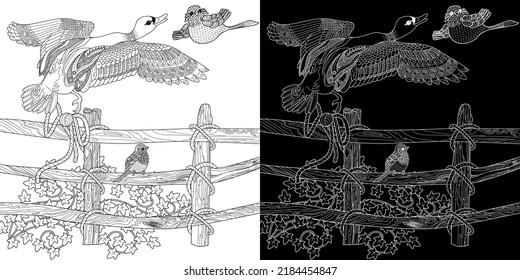 Art therapy coloring page. Coloring Book for adults and children. Colouring pictures with duck. Linear engraved art. Antistress freehand sketch drawing.
