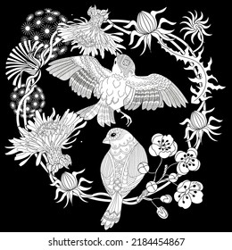Art therapy coloring page. Coloring book antistress for children and adults. Birds and flowers hand drawn in vintage style . The art of linear engraving. 