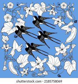Art therapy coloring page. Coloring book antistress for children and adults. Birds and flowers hand drawn in vintage style . The art of linear engraving. 
