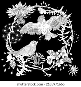 Art therapy coloring page. Coloring book antistress for children and adults. Birds and flowers hand drawn in vintage style . The art of linear engraving. 