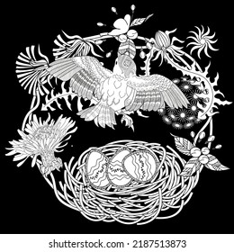 Art therapy coloring page. Coloring book antistress for children and adults. Birds and flowers hand drawn in vintage style . The art of linear engraving. 