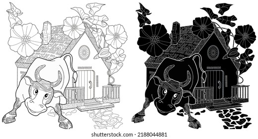 Art therapy coloring page. Coloring Book for children and adults. Colouring pictures with bull. The art of linear engraving. Romantic concept.
