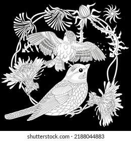 Art therapy coloring page. Coloring book antistress for children and adults. Birds and flowers hand drawn in vintage style . The art of linear engraving. 