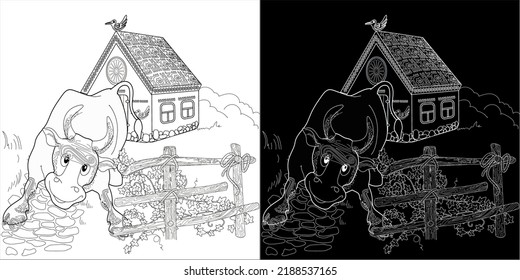 Art therapy coloring page. Coloring Book for children and adults. Colouring pictures with bull. The art of linear engraving. Romantic concept.
