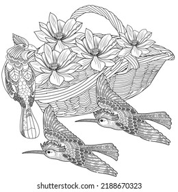 Art therapy coloring page. Coloring book antistress for children and adults. Birds and flowers hand drawn in vintage style . Ideal for those who want to feel more connected to nature.