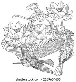 Art therapy coloring page. Coloring book antistress for children and adults. Birds and flowers hand drawn in vintage style . Ideal for those who want to feel more connected to nature.