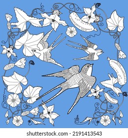 Art therapy coloring page. Coloring book antistress for children and adults. Birds and flowers hand drawn in vintage style . Ideal for those who want to feel more connected to nature.
