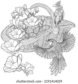 Art therapy coloring page. Coloring book antistress for children and adults. Birds and flowers hand drawn in vintage style . Ideal for those who want to feel more connected to nature.