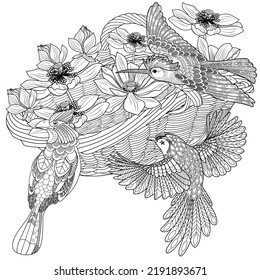 Art therapy coloring page. Coloring book antistress for children and adults. Birds and flowers hand drawn in vintage style . Ideal for those who want to feel more connected to nature.