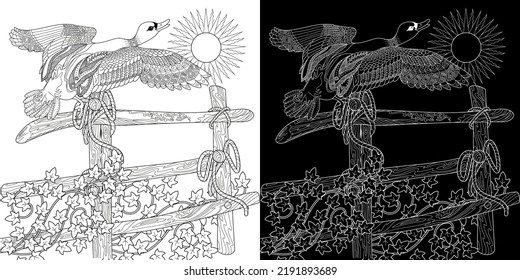 Art therapy coloring page. Coloring Book for adults and children. Colouring pictures with duck. Linear engraved art. Antistress freehand sketch drawing.
