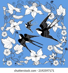 Art therapy coloring page. Coloring book antistress for children and adults. Birds and flowers hand drawn in vintage style . Ideal for those who want to feel more connected to nature.
