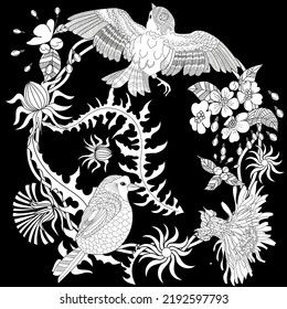 Art therapy coloring page. Coloring book antistress for children and adults. Birds and flowers hand drawn in vintage style . The art of linear engraving. 