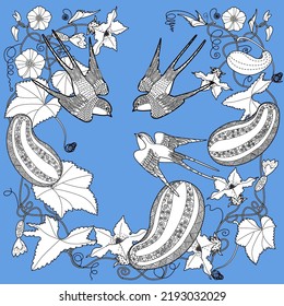 Art therapy coloring page. Coloring book antistress for children and adults. Birds and flowers hand drawn in vintage style . Ideal for those who want to feel more connected to nature.
