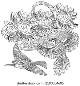 Art therapy coloring page. Coloring book antistress for children and adults. Birds and flowers hand drawn in vintage style . Ideal for those who want to feel more connected to nature.