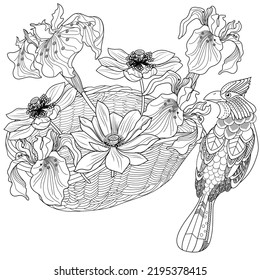 Art therapy coloring page. Coloring book antistress for children and adults. Birds and flowers hand drawn in vintage style . Ideal for those who want to feel more connected to nature.
