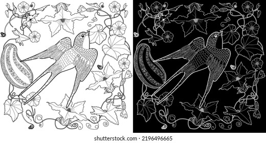 Art therapy coloring page. Coloring book antistress for children and adults. Birds and flowers hand drawn in vintage style . Ideal for those who want to feel more connected to nature.
