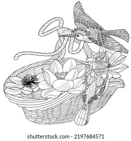 Art therapy coloring page. Coloring book antistress for children and adults. Birds and flowers hand drawn in vintage style . Ideal for those who want to feel more connected to nature.
