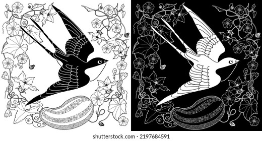 Art therapy coloring page. Coloring book antistress for children and adults. Birds and flowers hand drawn in vintage style . Ideal for those who want to feel more connected to nature.

