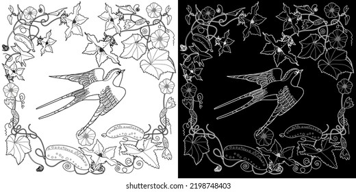 Art therapy coloring page. Coloring book antistress for children and adults. Birds and flowers hand drawn in vintage style . Ideal for those who want to feel more connected to nature.
