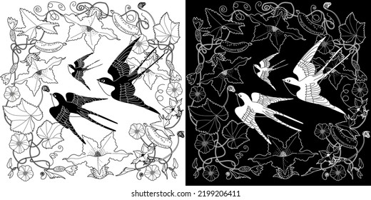 Art therapy coloring page. Coloring book antistress for children and adults. Birds and flowers hand drawn in vintage style . Ideal for those who want to feel more connected to nature.
