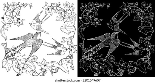 Art therapy coloring page. Coloring book antistress for children and adults. Birds and flowers hand drawn in vintage style . Ideal for those who want to feel more connected to nature.
