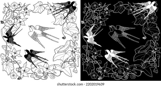 Art therapy coloring page. Coloring book antistress for children and adults. Birds and flowers hand drawn in vintage style . Ideal for those who want to feel more connected to nature.

