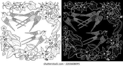Art therapy coloring page. Coloring book antistress for children and adults. Birds and flowers hand drawn in vintage style . Ideal for those who want to feel more connected to nature.
