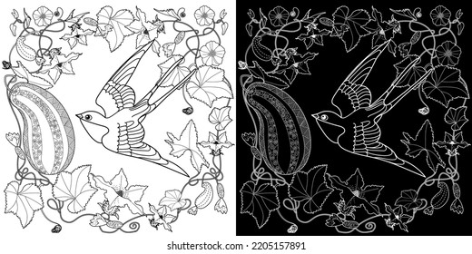 Art therapy coloring page. Coloring book antistress for children and adults. Birds and flowers hand drawn in vintage style . Ideal for those who want to feel more connected to nature.
