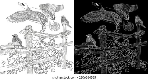 Art therapy coloring page. Coloring Book for adults and children. Colouring pictures with duck. Linear engraved art. Antistress freehand sketch drawing.
