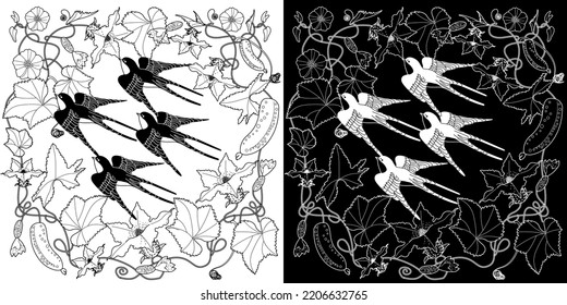 Art therapy coloring page. Coloring book antistress for children and adults. Birds and flowers hand drawn in vintage style . Ideal for those who want to feel more connected to nature.
