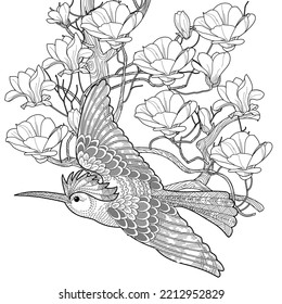 Art therapy coloring page. Coloring book antistress for children and adults. Birds and flowers hand drawn in vintage style . Ideal for those who want to feel more connected to nature.
