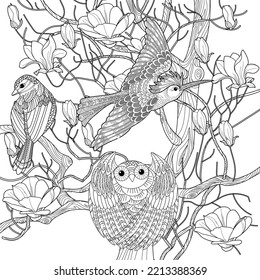 Art therapy coloring page. Coloring book antistress for children and adults. Birds and flowers hand drawn in vintage style . Ideal for those who want to feel more connected to nature.
