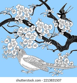 Art therapy coloring page. Coloring book antistress for children and adults. Birds and flowers hand drawn in vintage style . Ideal for those who want to feel more connected to nature.