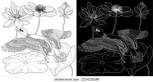 Art therapy coloring page. Coloring book antistress for children and adults. Birds and flowers hand drawn in vintage style . Ideal for those who want to feel more connected to nature.