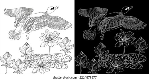 Art therapy coloring page. Coloring book antistress for children and adults. Birds and flowers hand drawn in vintage style . Ideal for those who want to feel more connected to nature.