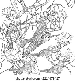 Art therapy coloring page. Coloring book antistress for children and adults. Birds and flowers hand drawn in vintage style . Ideal for those who want to feel more connected to nature.
