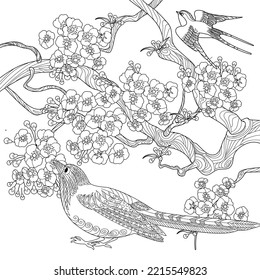Art therapy coloring page. Coloring book antistress for children and adults. Birds and flowers hand drawn in vintage style . Ideal for those who want to feel more connected to nature.