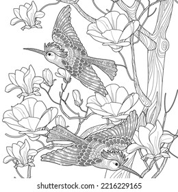 Art therapy coloring page. Coloring book antistress for children and adults. Birds and flowers hand drawn in vintage style . Ideal for those who want to feel more connected to nature.
