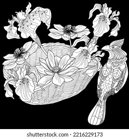Art therapy coloring page. Coloring book antistress for children and adults. Birds and flowers hand drawn in vintage style . Ideal for those who want to feel more connected to nature.