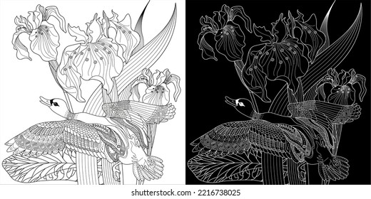 Art therapy coloring page. Coloring book antistress for children and adults. Birds and flowers hand drawn in vintage style . Ideal for those who want to feel more connected to nature.