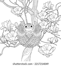 Art therapy coloring page. Coloring book antistress for children and adults. Birds and flowers hand drawn in vintage style . Ideal for those who want to feel more connected to nature.

