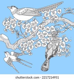 Art therapy coloring page. Coloring book antistress for children and adults. Birds and flowers hand drawn in vintage style . Ideal for those who want to feel more connected to nature.
