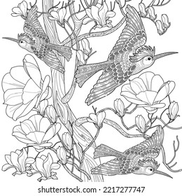 Art therapy coloring page. Coloring book antistress for children and adults. Birds and flowers hand drawn in vintage style . Ideal for those who want to feel more connected to nature.
