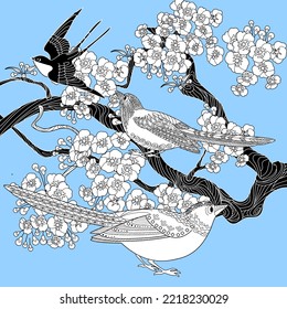Art therapy coloring page. Coloring book antistress for children and adults. Birds and flowers hand drawn in vintage style . Ideal for those who want to feel more connected to nature.
