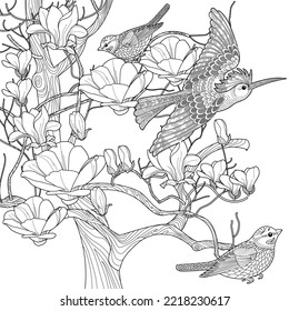 Art therapy coloring page. Coloring book antistress for children and adults. Birds and flowers hand drawn in vintage style . Ideal for those who want to feel more connected to nature.
