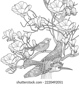 Art therapy coloring page. Coloring book antistress for children and adults. Birds and flowers hand drawn in vintage style . Ideal for those who want to feel more connected to nature.
