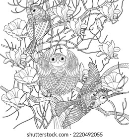 Art therapy coloring page. Coloring book antistress for children and adults. Birds and flowers hand drawn in vintage style . Ideal for those who want to feel more connected to nature.
