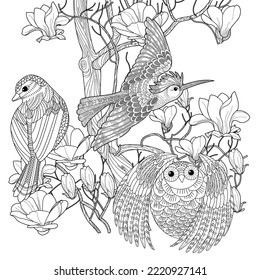 Art therapy coloring page. Coloring book antistress for children and adults. Birds and flowers hand drawn in vintage style . Ideal for those who want to feel more connected to nature.
